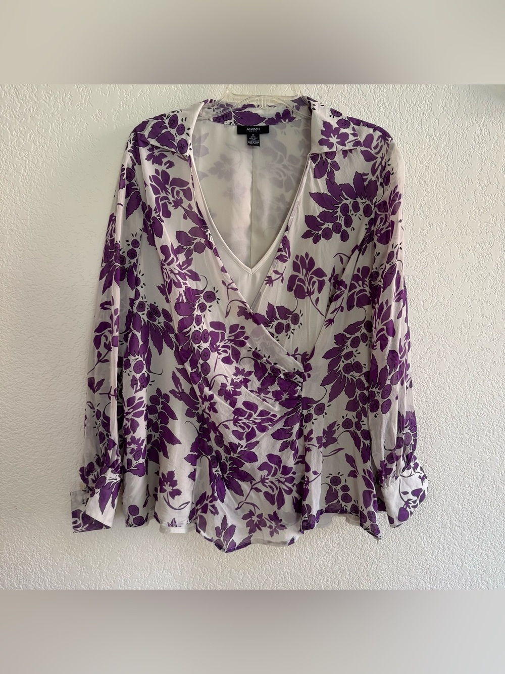 Alfani Floral Purple Cream Silk Blouse Top Faux Wrap Romantic Whimsical Fairy 18